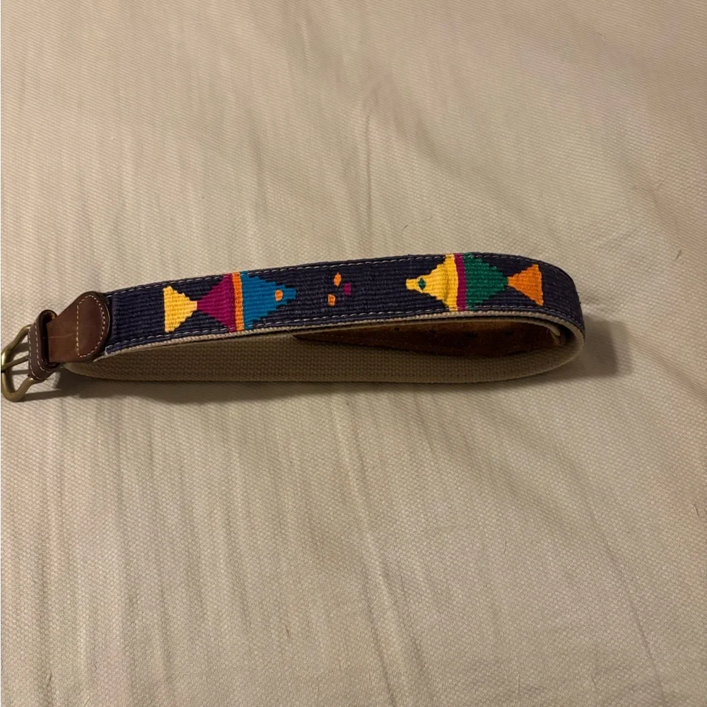 Navy Woven Men’s Belt with Colorful Geometric Embroidery